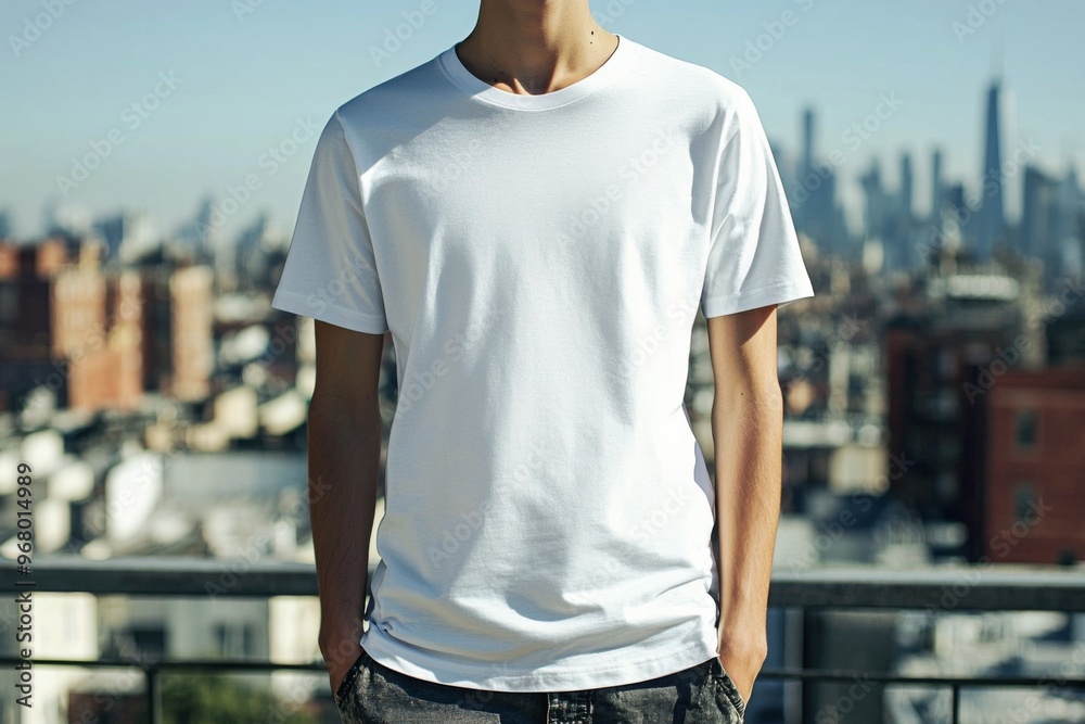 T-shirt worn by a model in an urban street wear style created with Generative AI T-shirt worn by a model in an urban street wear style created with Generative AI