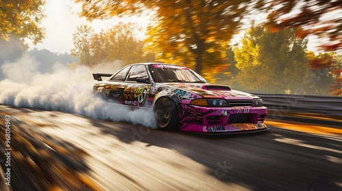 10092332 10 A brightly colored JDM car with custom decals drifting in a perfect arc, leaving a trail of smoke on the circuit