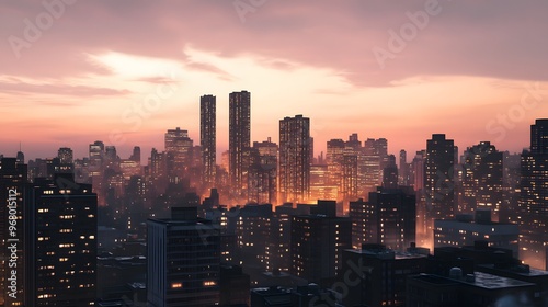 Cityscape at Dusk with Silhouetted Skyscrapers and Illuminated Windows