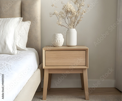 Serene Bedroom Nightstand: Oak wood nightstand with minimalist design, featuring a single drawer and tapered legs.  A serene bedroom setting with dried flowers in a vase adds to the peaceful ambiance. photo