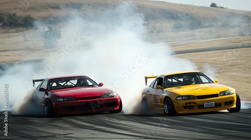 10092332 12 Two JDM cars neck and neck in a drift battle, both taking a sharp corner with smoke streaming behind them