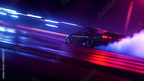 10092332 15 A night-time drift event on a neon-lit circuit, with a JDM car leaving thick trails of tire smoke as it drifts
