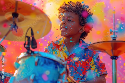 A young drummer keeps the rhythm alive amidst a vibrant splash of colors