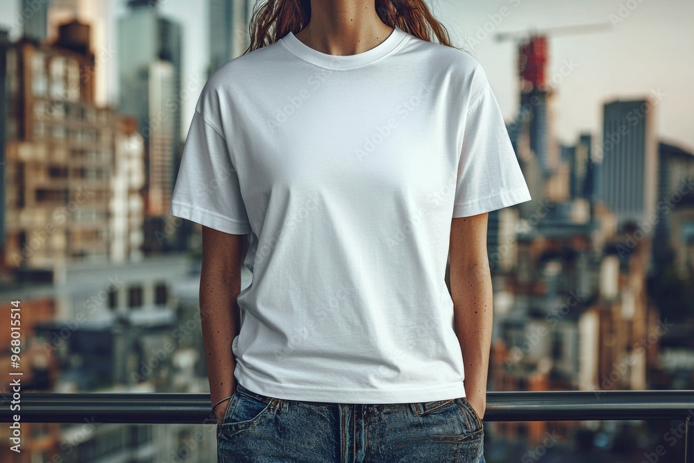 T-shirt worn by a model in an urban street wear style created with Generative AI T-shirt worn by a model in an urban street wear style created with Generative AI