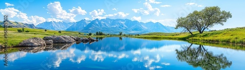 Peaceful, serene lake surrounded by mountains, realistic, tranquil beauty