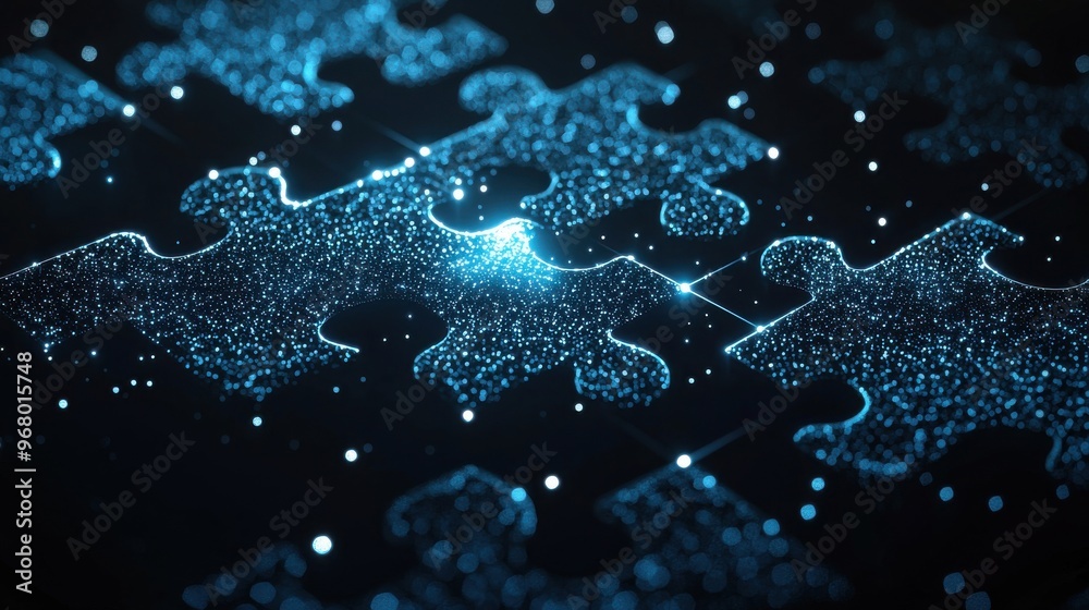 Several puzzle pieces floating in space, with glowing lines connecting them, symbolizing the importance of each member in completing the team Several puzzle pieces floating in space, with glowing lines connecting them, symbolizing the importance of each member in completing the team