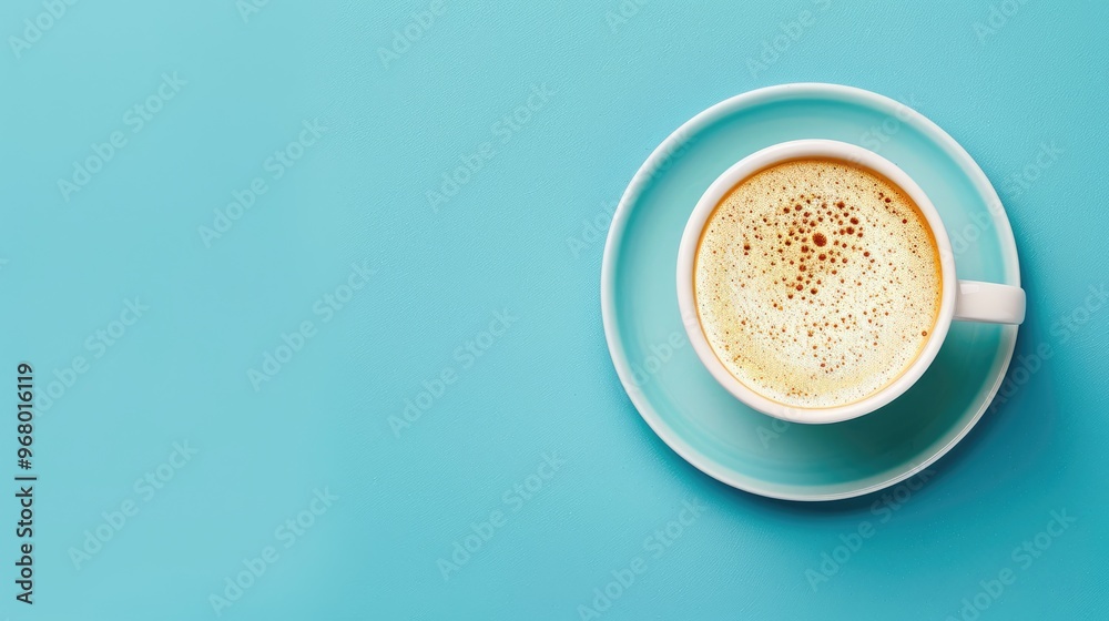 Cappuccino cup on blue background with empty space