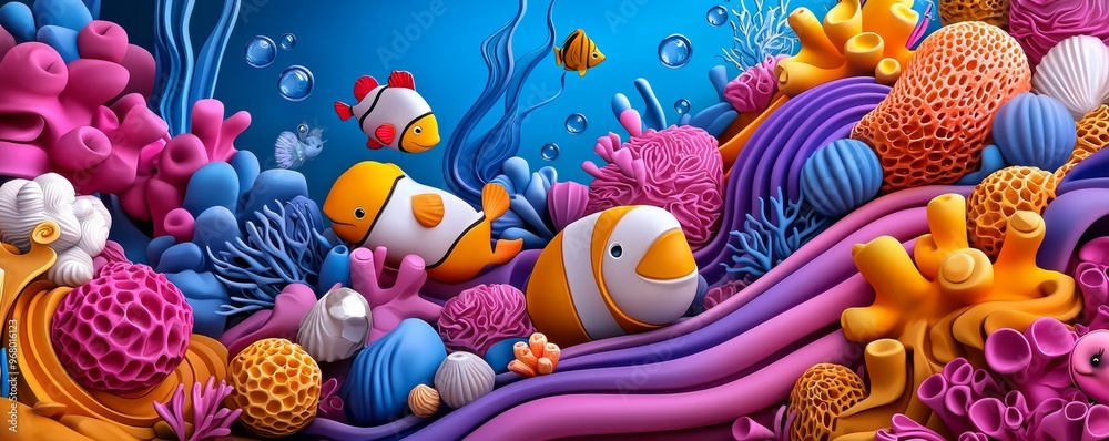 Playful, cartoon illustration of a whimsical underwater kingdom, clipart, vibrant