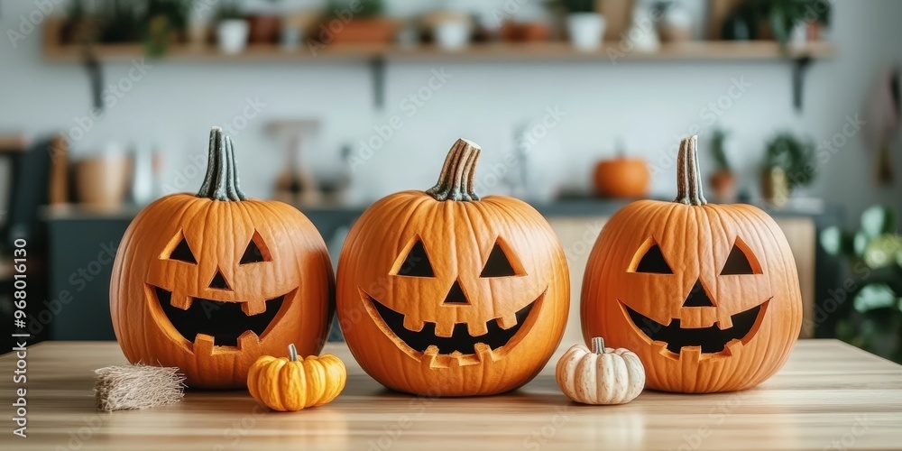 Three creatively carved pumpkins with smiling faces are arranged on a wooden table in a warm, inviting autumn setting Three creatively carved pumpkins with smiling faces are arranged on a wooden table in a warm, inviting autumn setting