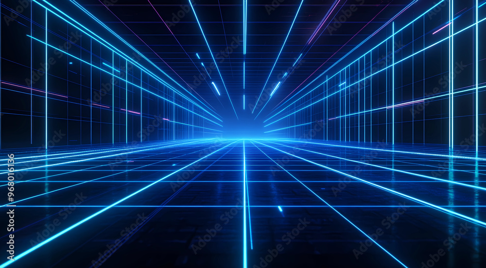 Blue technology perspective background with glowing lines and a grid in the center. Blue technology perspective background with glowing lines and a grid in the center.