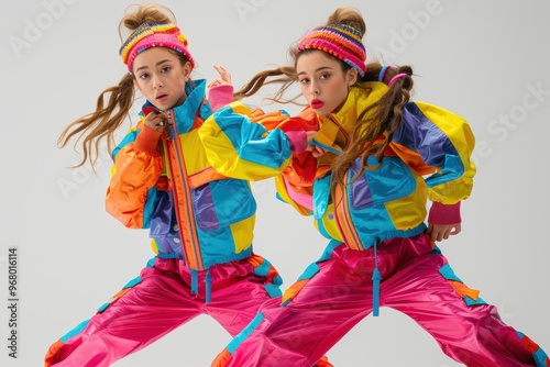 Twins in colorful outfits joyfully mirror each other's dance moves indoors