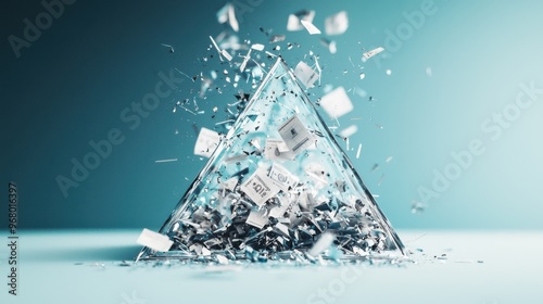 Shattered Economic Pyramid: A glass pyramid with financial symbols on it, cracking and falling apart as invisible hands tighten a belt around it