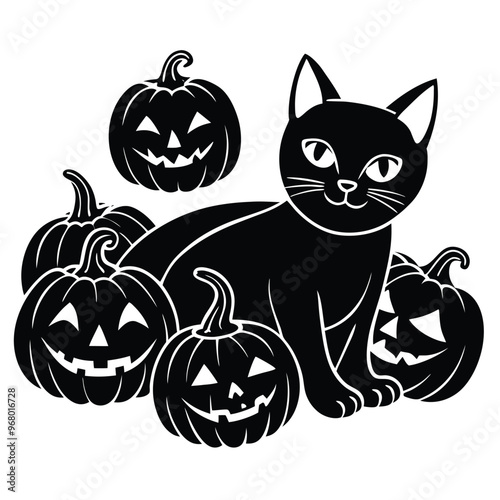 Set of Halloween clipart with black cats, carved pumpkins, and spiders