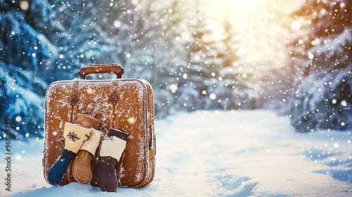 Winter vacation with snowy landscapes. Pack a suitcase for your Christmas getaway, leaving ample room for souvenirs. photo