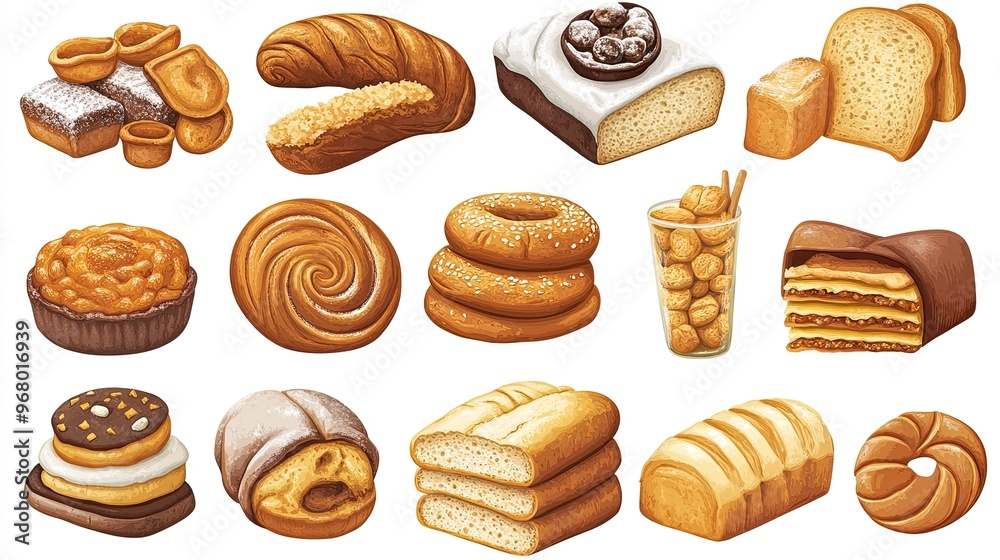 Illustration with breads and pasta drawings on a plain background, concept of carbohydrates in food. Illustration with breads and pasta drawings on a plain background, concept of carbohydrates in food.