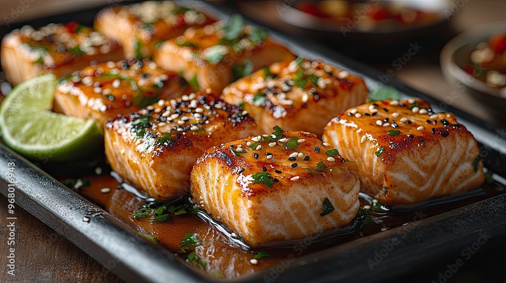 Delicious salmon fillets, oven-roasted and seasoned with spices and lemon.