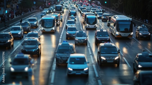 Evening rush hour traffic on a city street with buses photo