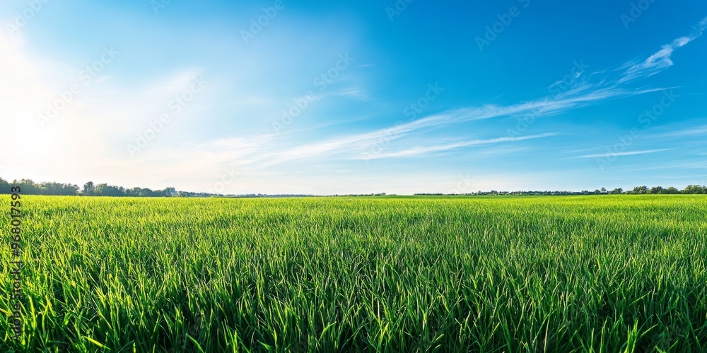 A vast green grass meadow under a clear blue sky on a sunny day A vast green grass meadow under a clear blue sky on a sunny day