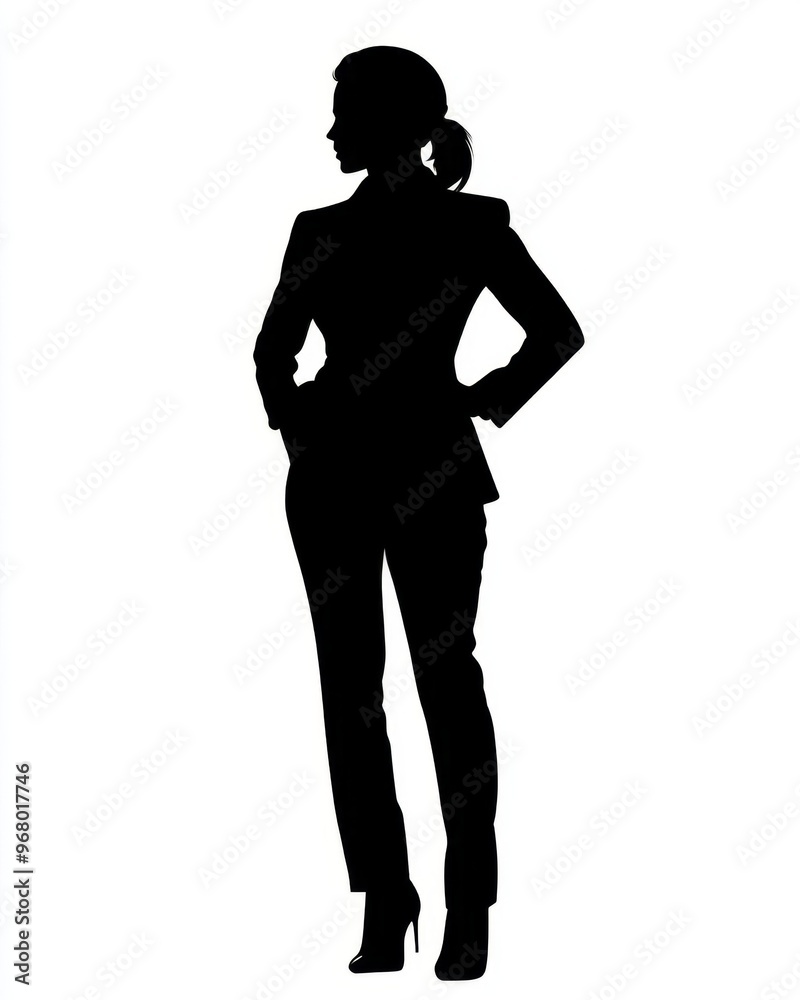 Businesswoman silhouette in formal attire standing confidently against a white background Businesswoman silhouette in formal attire standing confidently against a white background