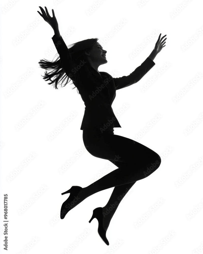 Woman in business attire jumping joyfully against a white background showcasing dynamic energy Woman in business attire jumping joyfully against a white background showcasing dynamic energy