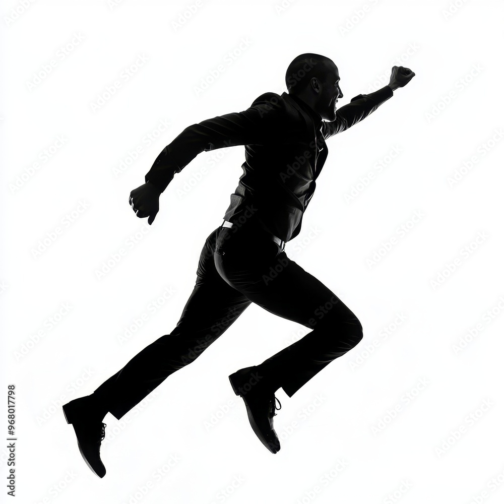 Silhouette of a man in business attire jumping against a white background Silhouette of a man in business attire jumping against a white background