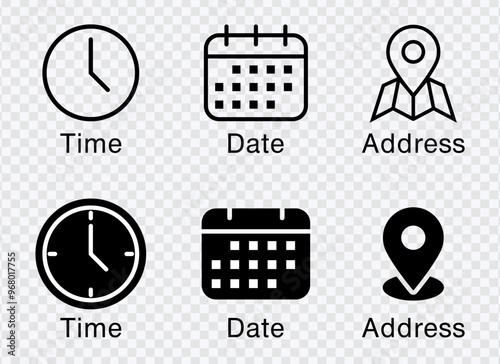 "Date, time, and location address icon set for streamlined event and info designs."