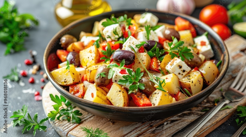 Greek potato salad with feta and olives in a stylish bowl on a wooden board Greek potato salad with feta and olives in a stylish bowl on a wooden board