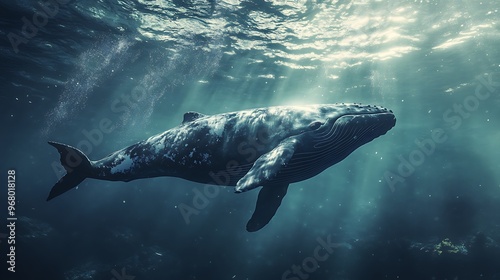 A humpback whale swims gracefully through the ocean, bathed in sunlight.