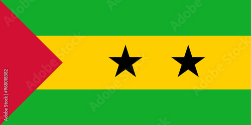 National Flag Democratic Republic Sao Tome and Principe, Saint Thomas and Prince, horizontal tricolour of green, yellow  with a red triangle hoist and two black five-pointed stars in the yellow stripe