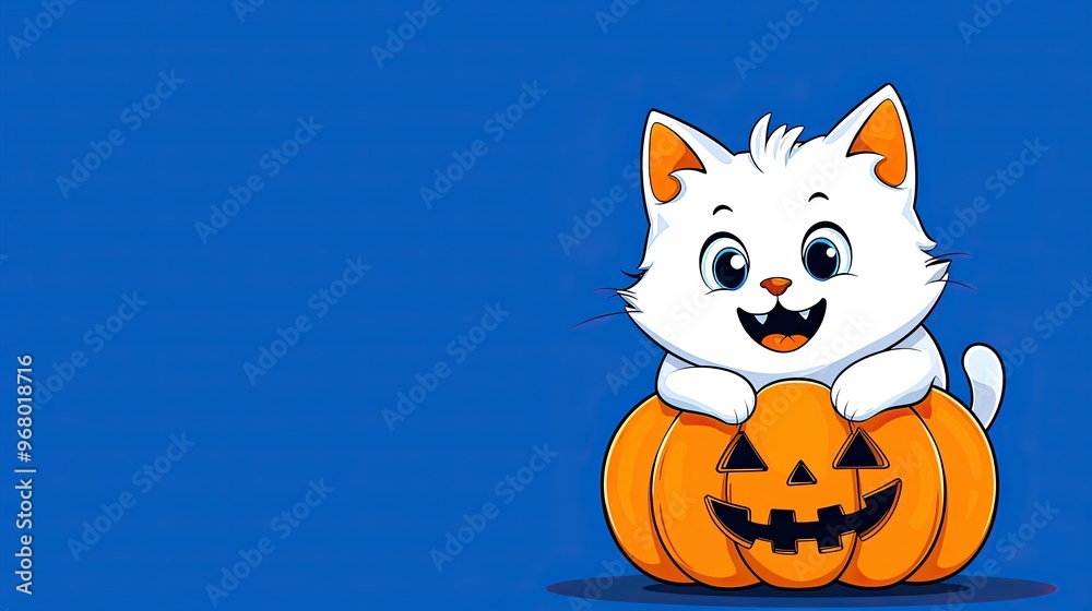 A cute white kitten with a playful expression sitting on a carved pumpkin, perfect for Halloween themes and festive designs. Halloween Background A cute white kitten with a playful expression sitting on a carved pumpkin, perfect for Halloween themes and festive designs. Halloween Background