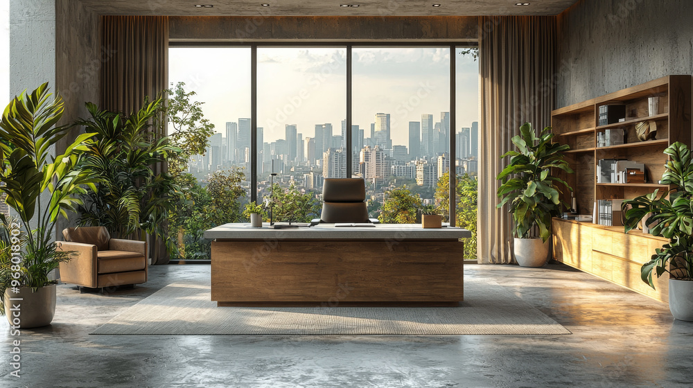 Modern office interior with a large window overlooking a city skyline. Modern office interior with a large window overlooking a city skyline.