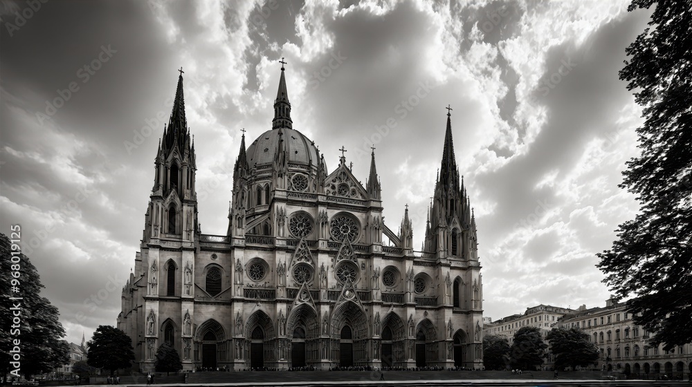 Generative AI, Gothic Cathedral with Tall Spires and a Dramatic Cloudy Sky Generative AI, Gothic Cathedral with Tall Spires and a Dramatic Cloudy Sky
