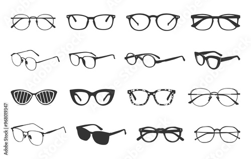 Eyeglasses silhouette, Glasses silhouette, Eyeglasses svg, Glasses svg, Sunglasses silhouette, Sunglasses svg, Eyeglasses clipart, Eyeglasses icon, Eyeglasses vector illustration.