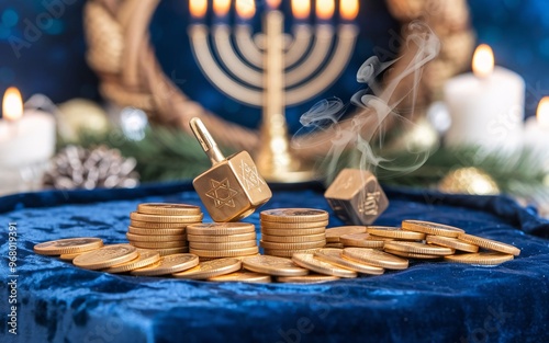 Hanukkah Table Setup with Latkes, Sufganiyot, and Candlelight photo