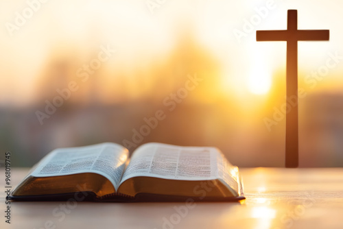 Sunlight Illuminating Open Bible with Jesus Cross in the Background, Spiritual Reflection and Faith