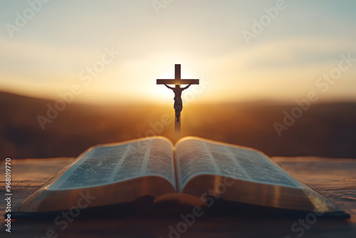 Sunlight Illuminating Open Bible with Jesus Cross in the Background, Spiritual Reflection and Faith