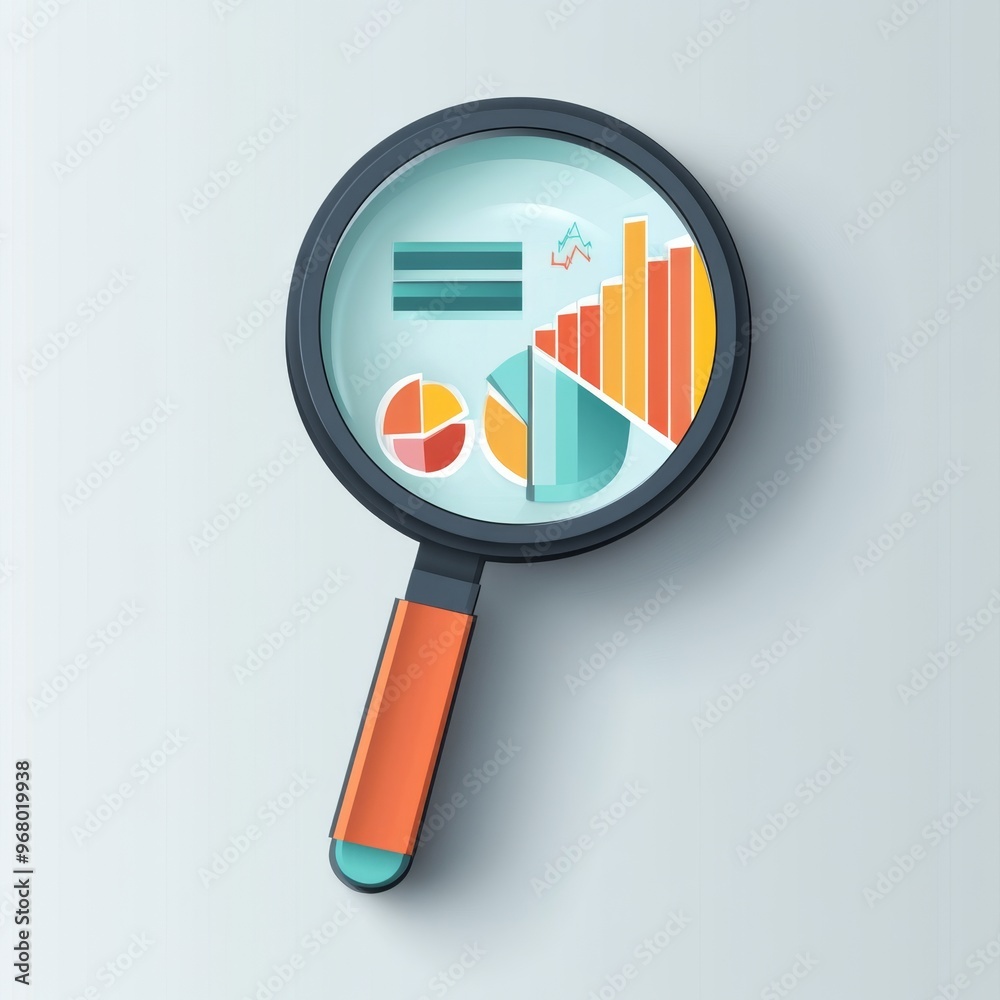 Magnifying glass and data analysis icons in paper cut style on a gray background Magnifying glass and data analysis icons in paper cut style on a gray background