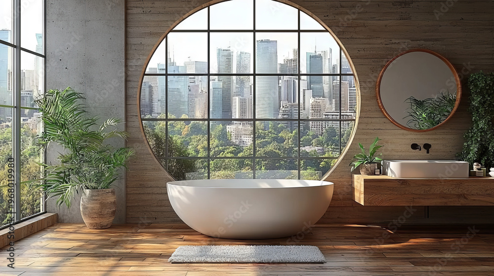 Modern bathroom with city view, featuring a freestanding bathtub and large circular window. Modern bathroom with city view, featuring a freestanding bathtub and large circular window.