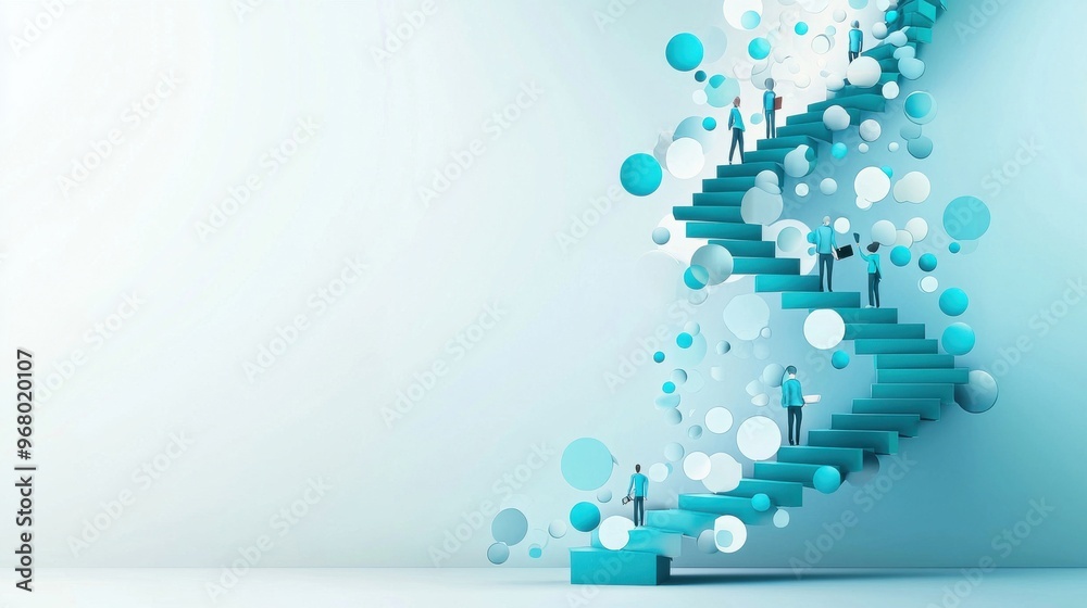 Team Spiral of Growth: A spiral staircase made of abstract thought bubbles, with team members ascending together, each holding a different tool of knowledge Team Spiral of Growth: A spiral staircase made of abstract thought bubbles, with team members ascending together, each holding a different tool of knowledge