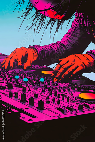 A high-contrast, close-up illustration of Daft Punk in black leather jackets, performing electronic music in a DJ booth with vivid system interface lights.