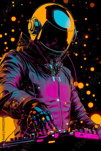 A high-contrast, close-up illustration of Daft Punk in black leather jackets, performing electronic music in a DJ booth with vivid system interface lights.