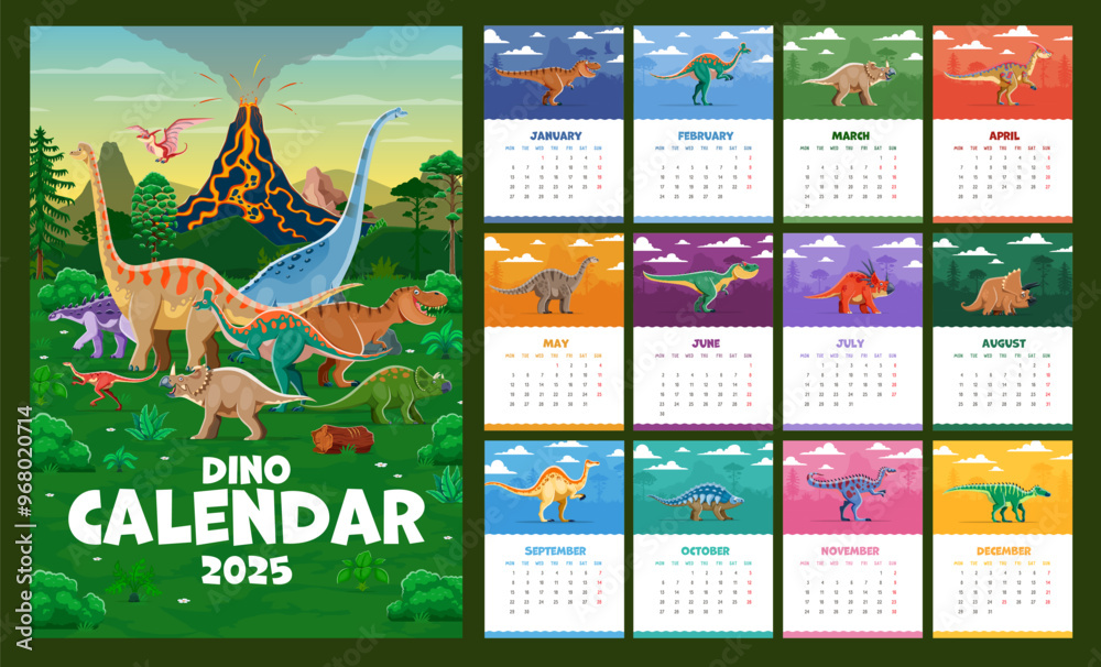 2025 year calendar. Cartoon prehistoric dinosaur characters. Vector