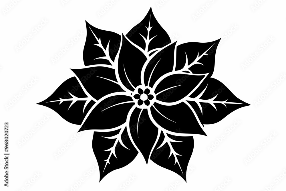 Obraz premium Poinsettia Flower Silhouette Vector, Christmas Flower with Leaf Black Silhouette.