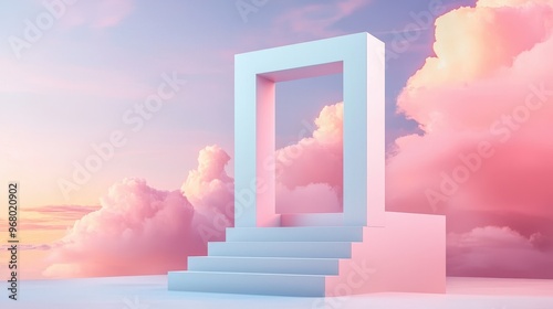 Stairway to Heaven, a 3D concept of a golden staircase ascending through clouds towards a luminous doorway in the sky, symbolizing the path to success and dreams photo