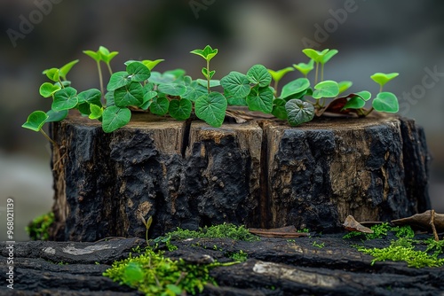 Vivid green plants emerge gracefully from weathered wood, showcasing nature\'s resilience and beauty in a tranquil environment