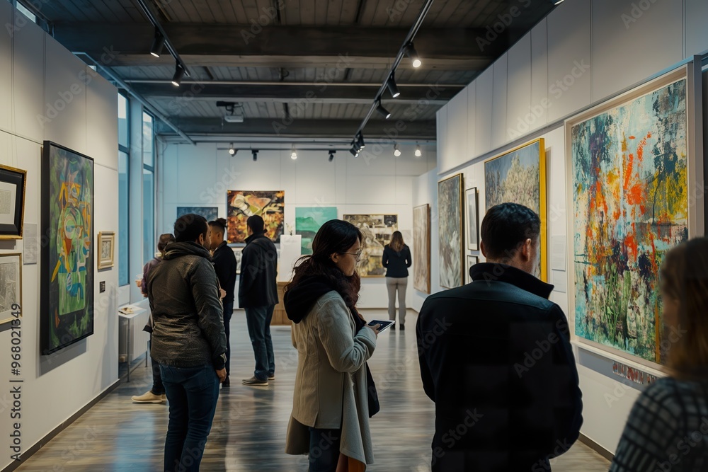 Visitors engage with eye-catching artwork while enjoying an enriching cultural experience in a contemporary gallery Visitors engage with eye-catching artwork while enjoying an enriching cultural experience in a contemporary gallery