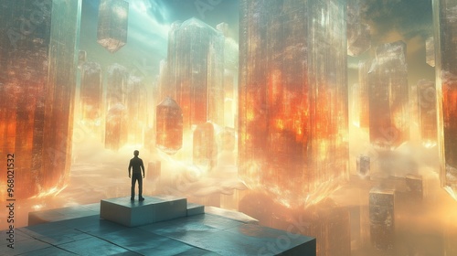 Dreamlike futuristic scene with a lone figure facing towering illuminated crystal structures in an ethereal landscape for scifi and fantasy themes.