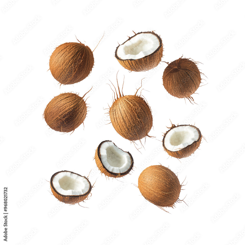Fresh Coconuts Falling Against a Black Background Fresh Coconuts Falling Against a Black Background