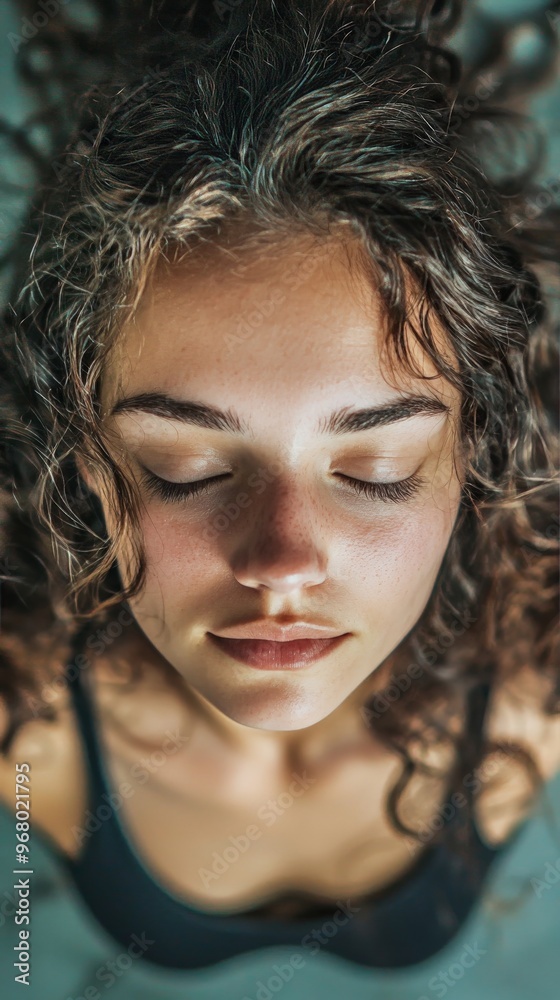 Vertical portrait captured from a high angle, showing the subject in a reflective pose, looking down Vertical portrait captured from a high angle, showing the subject in a reflective pose, looking down