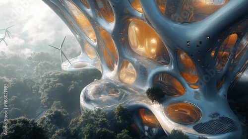 Futuristic architecture nestled in forest with wind turbines, sustainable and ecofriendly design for urban planning and environmental innovations